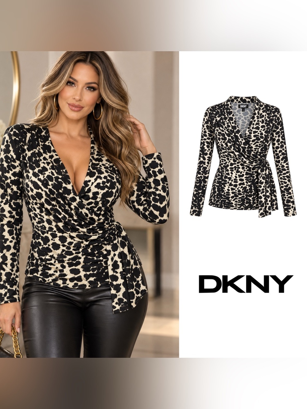 NEW DKNY Black and Cream Animal Print Wrap Blouse